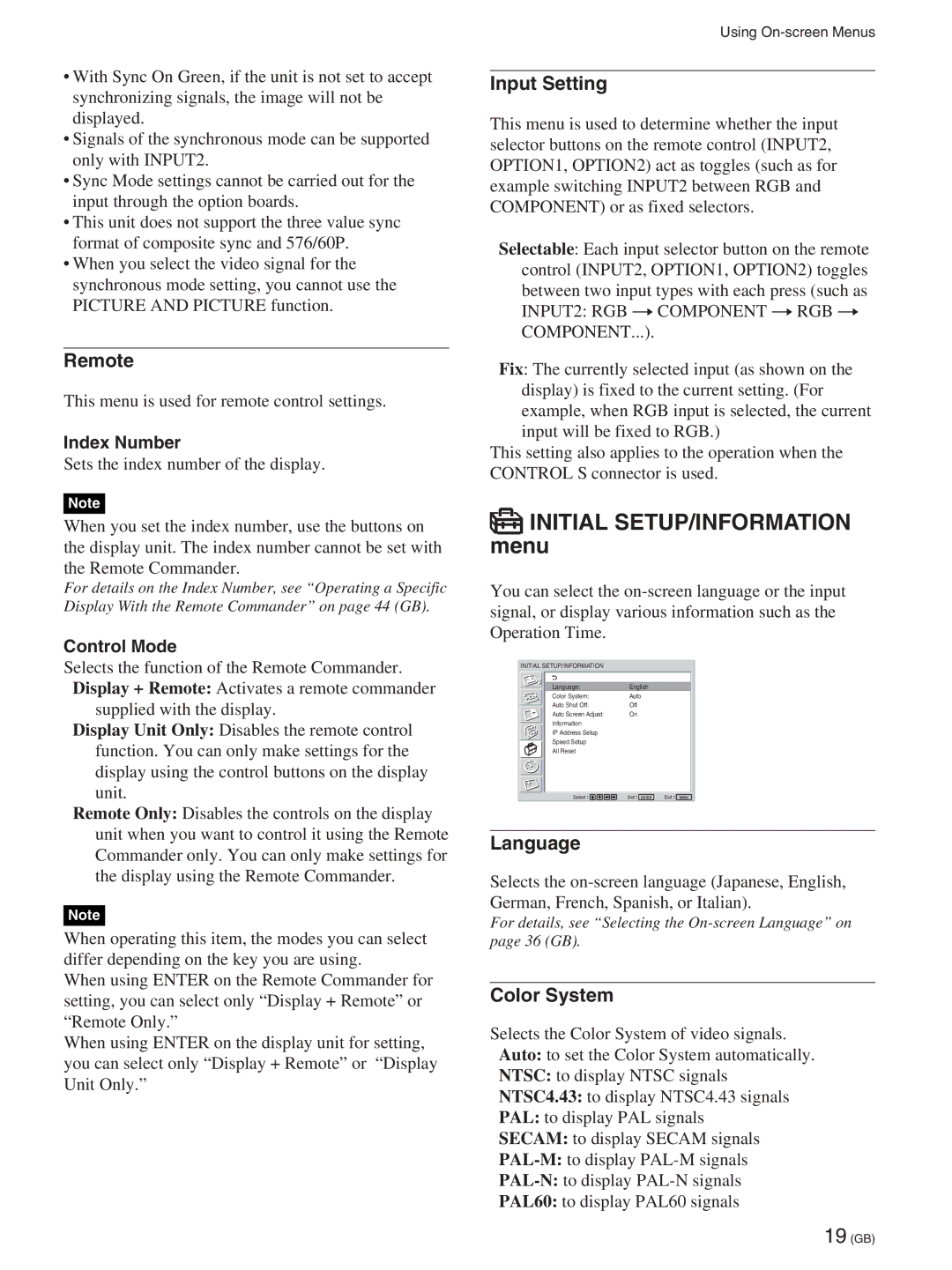 Sony FWD-50PX2A manual Initial SETUP/INFORMATION menu, Remote, Input Setting, Language, Color System 