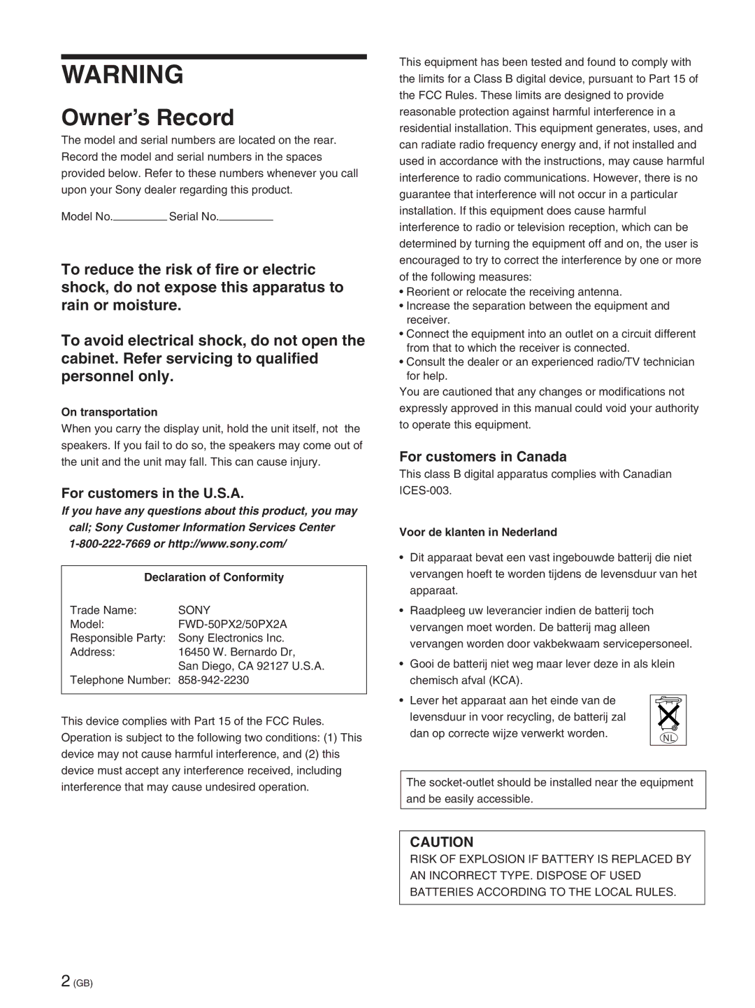 Sony FWD-50PX2A manual For customers in the U.S.A, For customers in Canada 