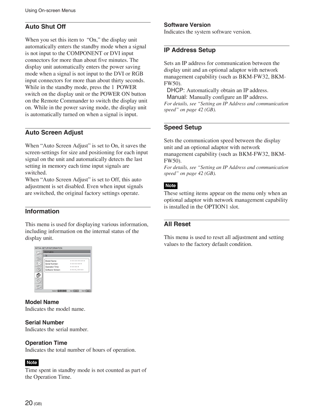 Sony FWD-50PX2A manual Auto Shut Off, Auto Screen Adjust, Information, IP Address Setup, Speed Setup, All Reset 