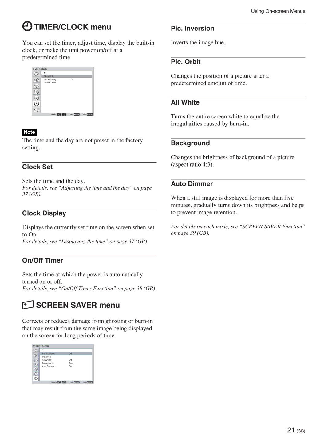 Sony FWD-50PX2A manual TIMER/CLOCK menu, Screen Saver menu 