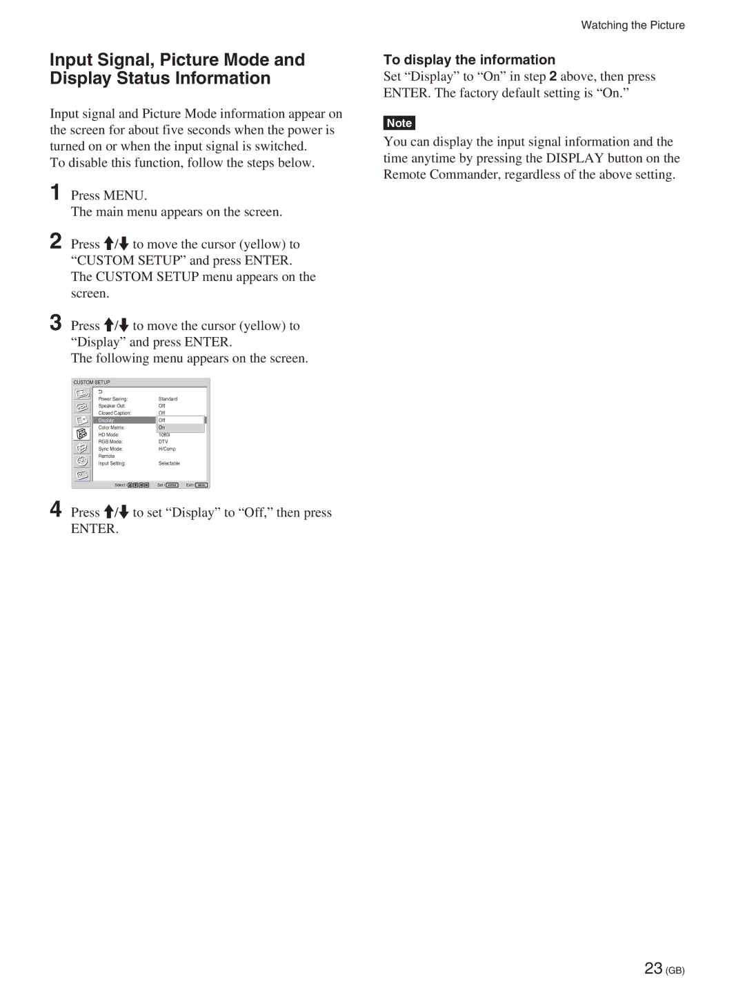 Sony FWD-50PX2A manual Input Signal, Picture Mode and Display Status Information, To display the information 