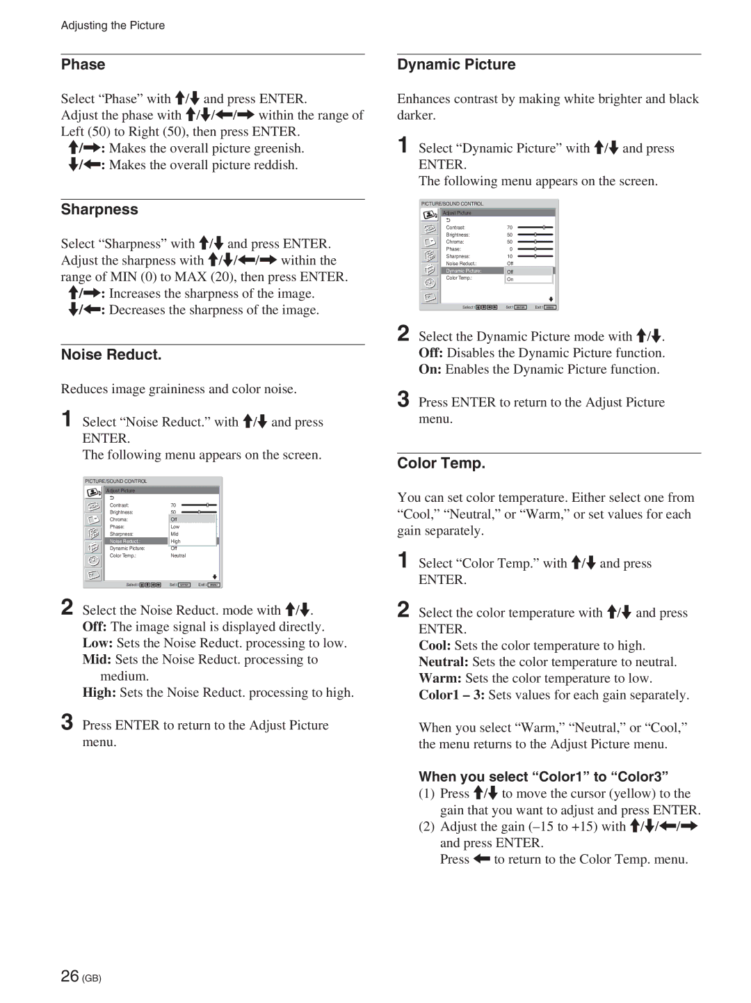 Sony FWD-50PX2A manual Phase, Sharpness, Noise Reduct, Dynamic Picture, Color Temp 