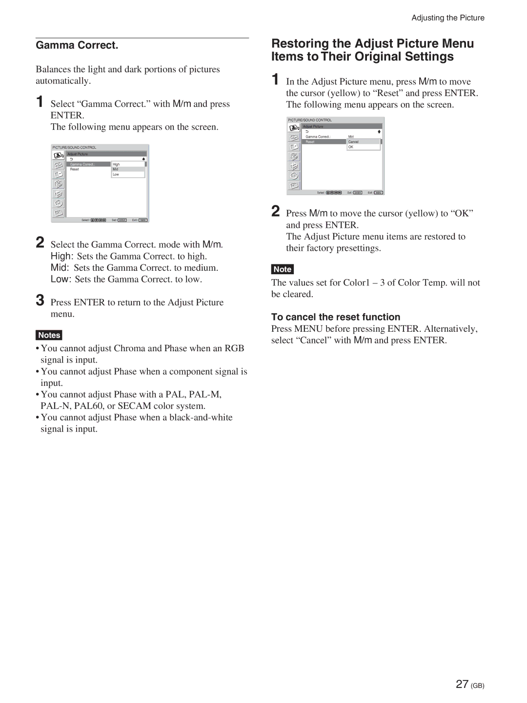 Sony FWD-50PX2A manual Gamma Correct, To cancel the reset function 