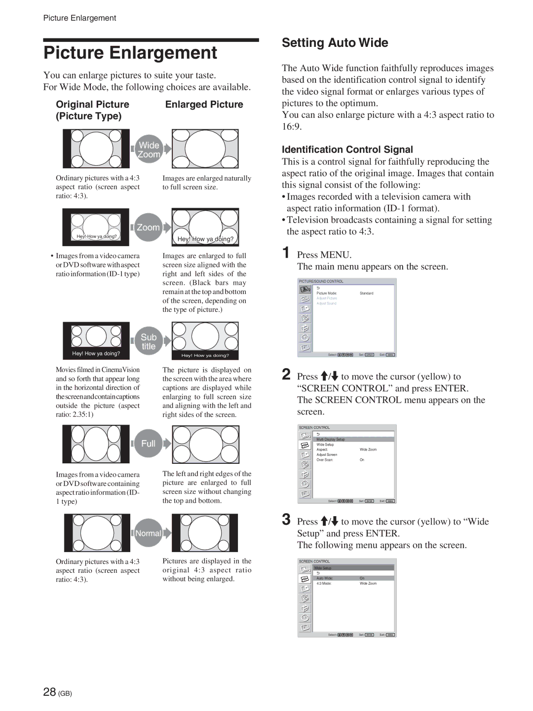 Sony FWD-50PX2A manual Picture Enlargement, Setting Auto Wide, Original Picture Enlarged Picture Picture Type 