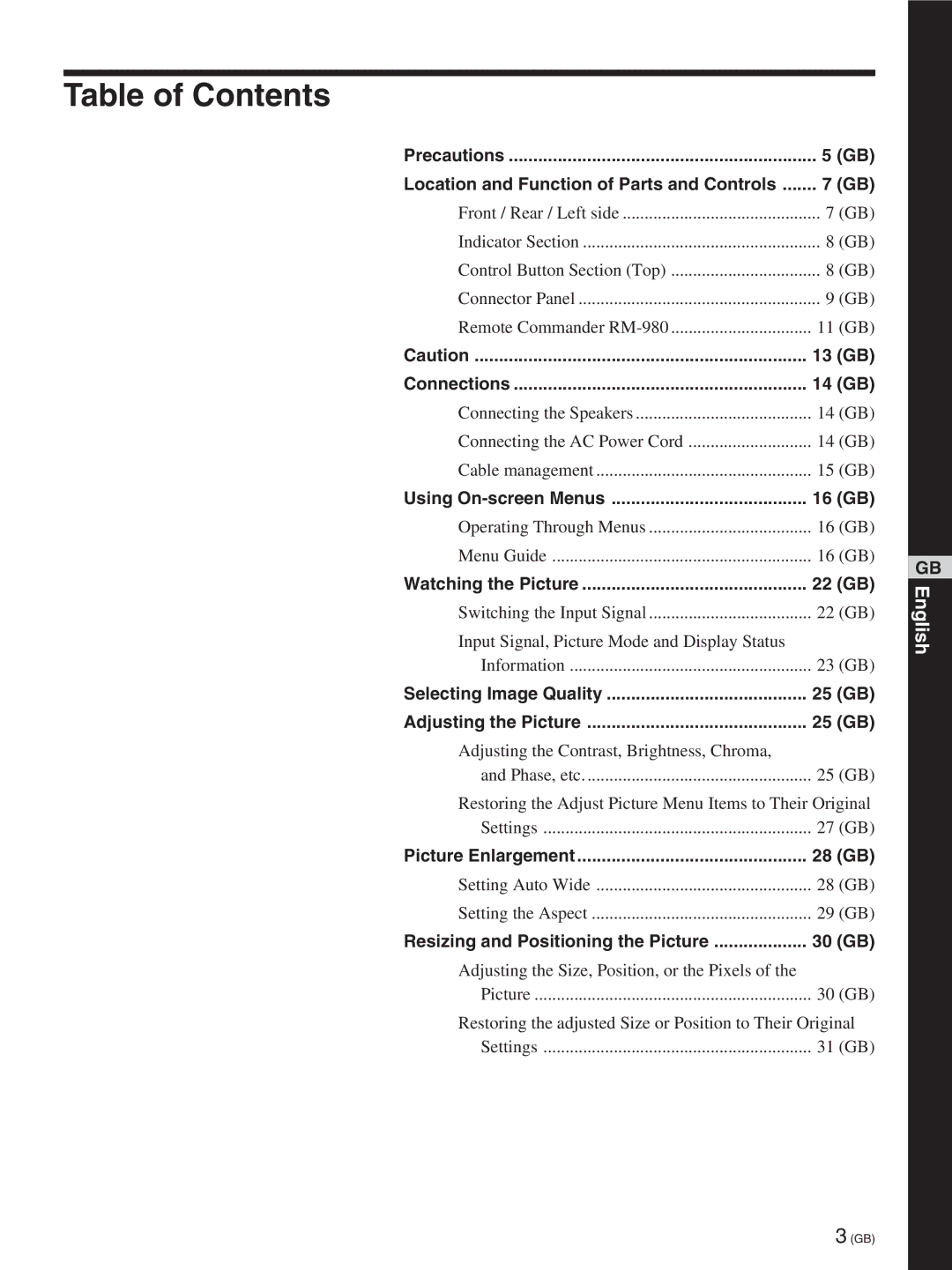 Sony FWD-50PX2A manual Table of Contents 