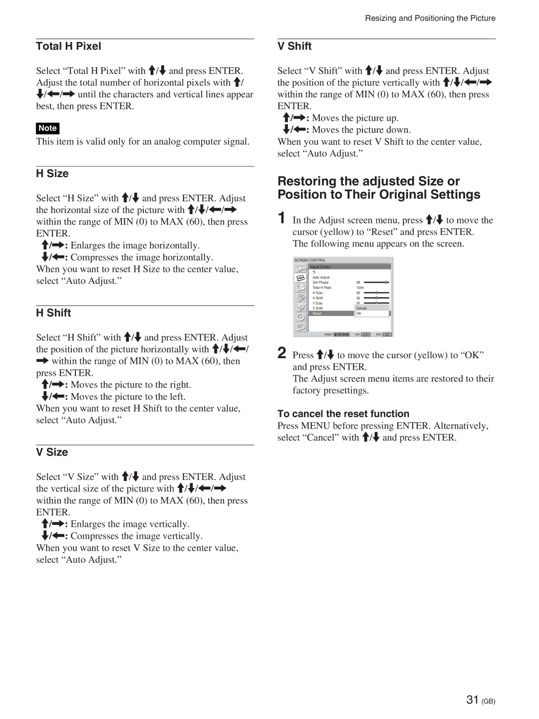 Sony FWD-50PX2A manual Total H Pixel, Size, Shift 