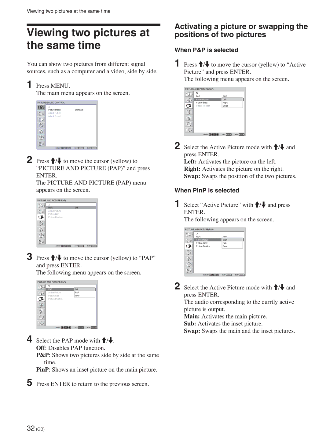 Sony FWD-50PX2A manual Viewing two pictures at the same time, When P&P is selected, When PinP is selected 