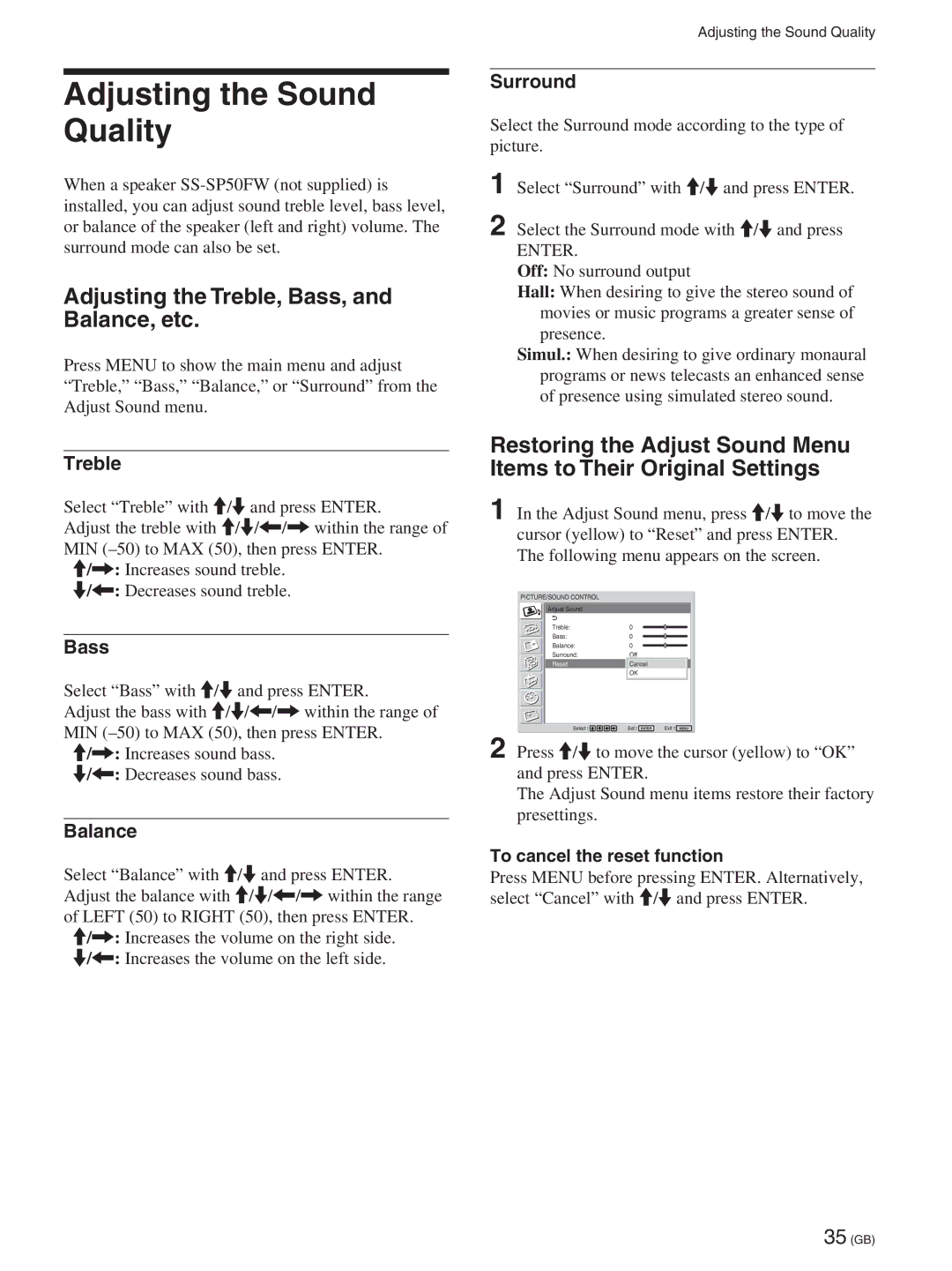 Sony FWD-50PX2A manual Adjusting the Sound Quality, Adjusting the Treble, Bass, and Balance, etc 