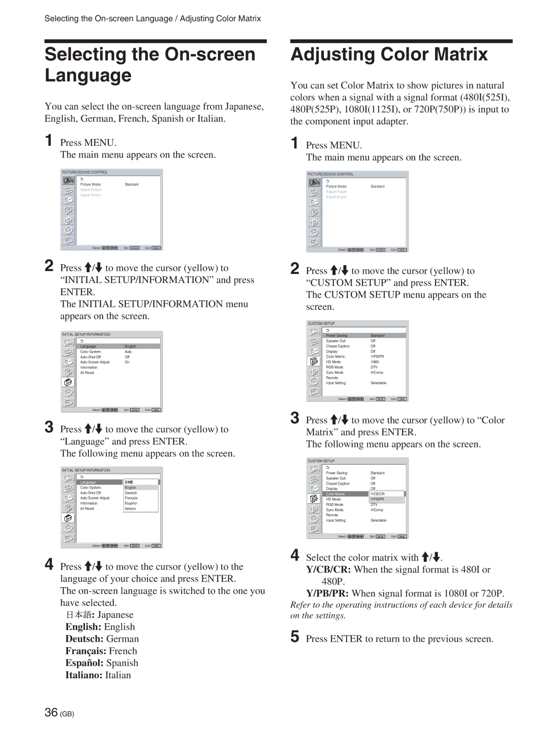 Sony FWD-50PX2A manual Selecting the On-screen Language, Adjusting Color Matrix 