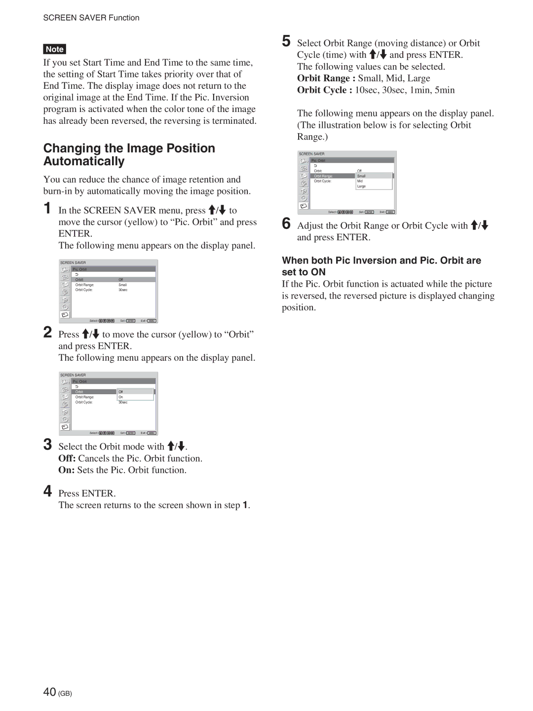 Sony FWD-50PX2A manual Changing the Image Position Automatically, When both Pic Inversion and Pic. Orbit are set to on 