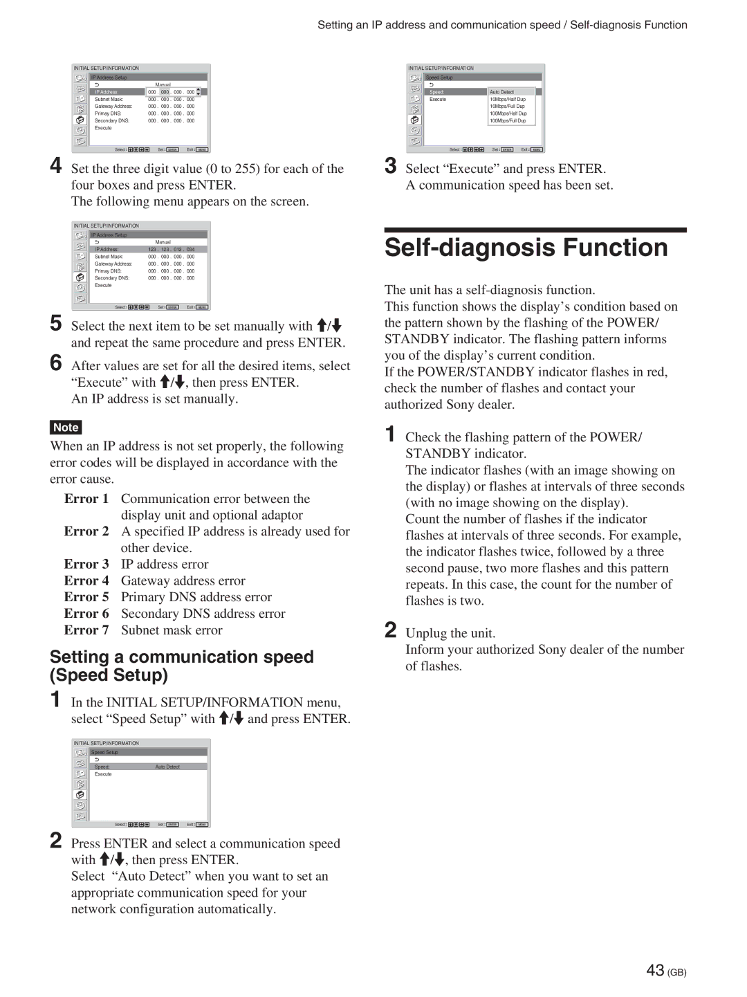 Sony FWD-50PX2A manual Self-diagnosis Function, Setting a communication speed Speed Setup 