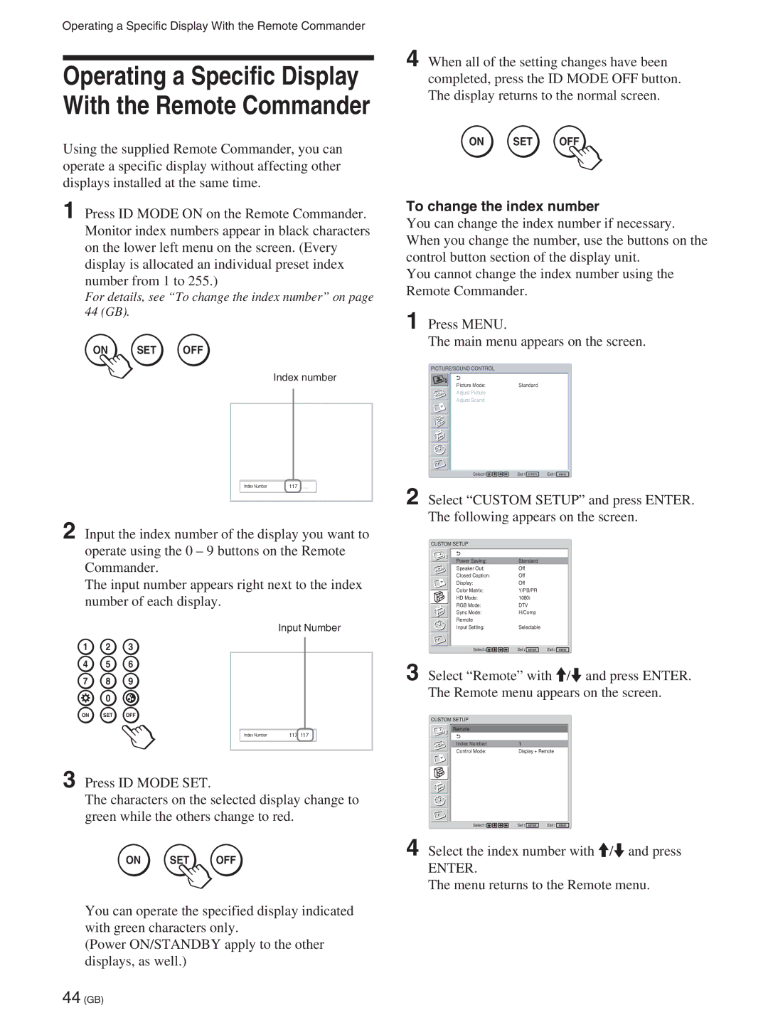 Sony FWD-50PX2A manual Operating a Specific Display With the Remote Commander, To change the index number 