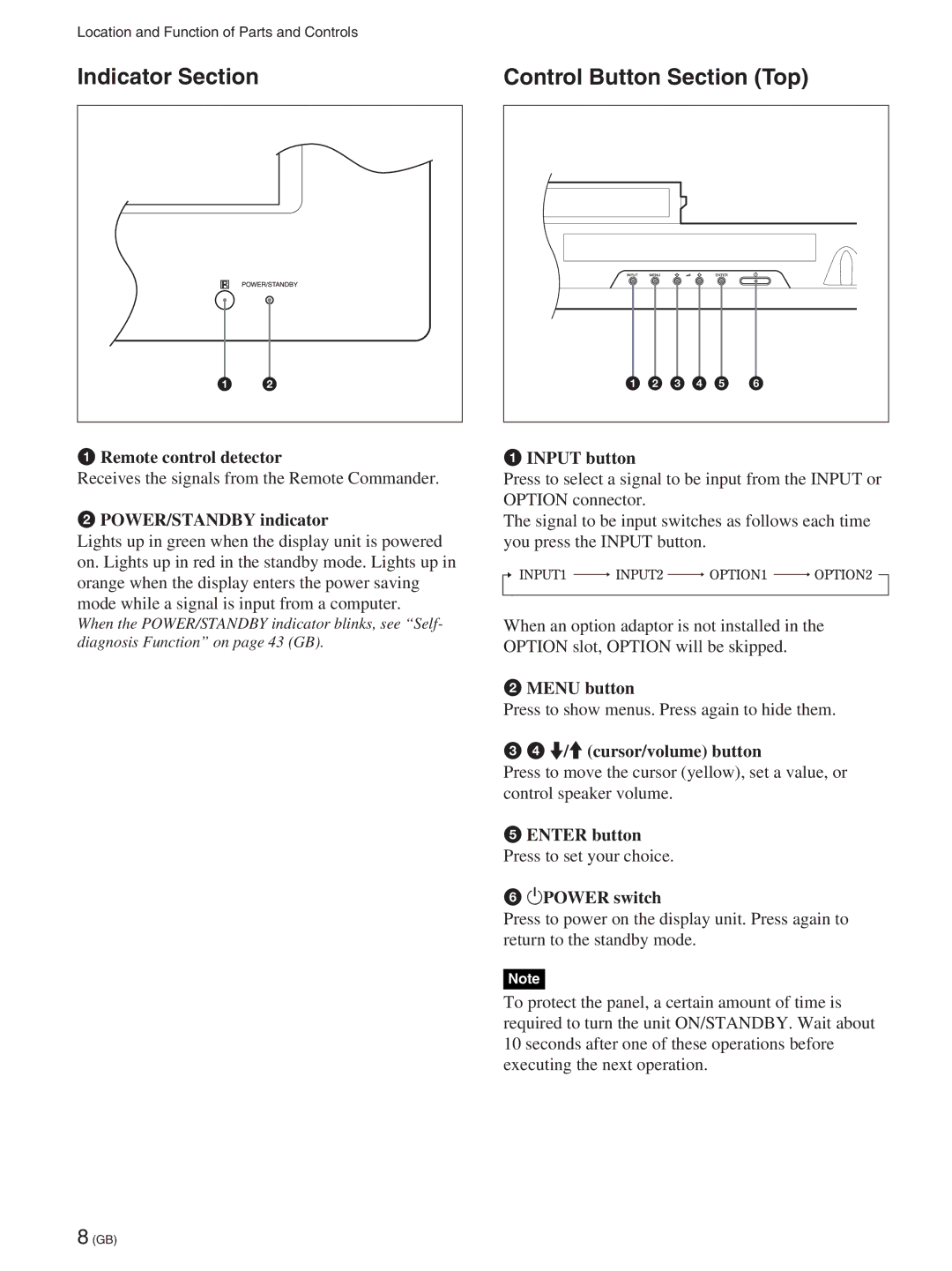 Sony FWD-50PX2A manual Indicator Section, Control Button Section Top 