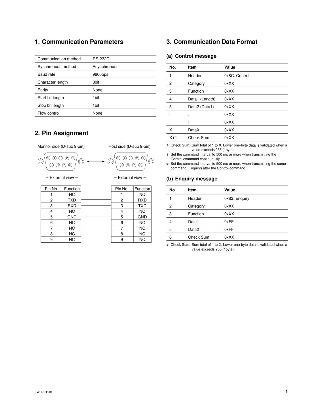 Sony FWD-50PX3 manual Communication Parameters, Pin Assignment, Communication Data Format, Control message, Enquiry message 