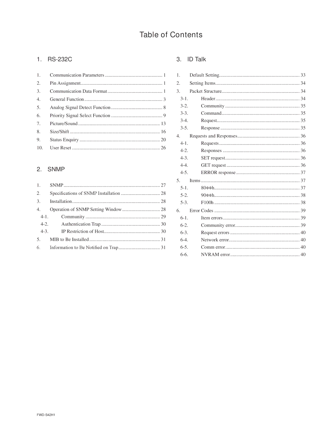 Sony FWD-S47H1 manual Table of Contents 