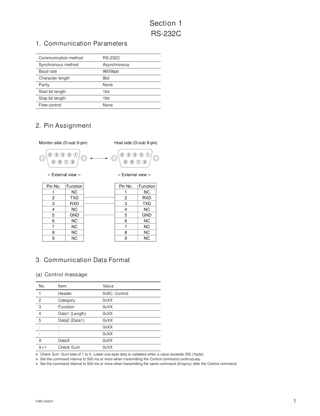 Sony FWD-S47H1 manual Communication Parameters, Pin Assignment, Communication Data Format, Control message, Value 