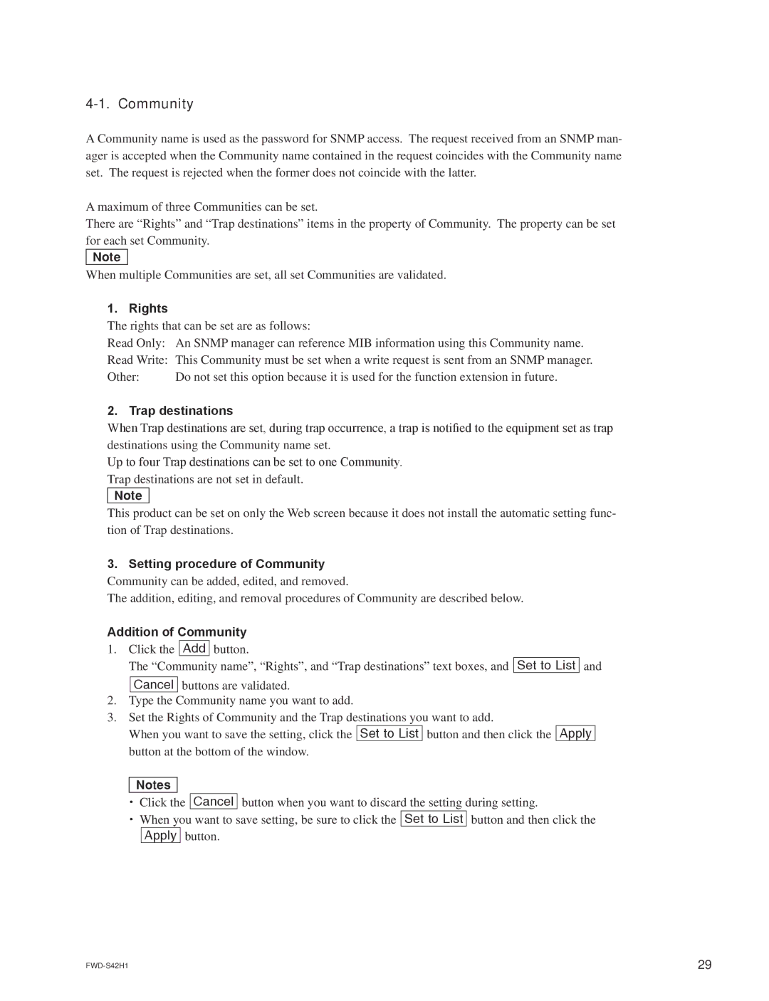 Sony FWD-S47H1 manual Rights, Trap destinations, Setting procedure of Community, Addition of Community 