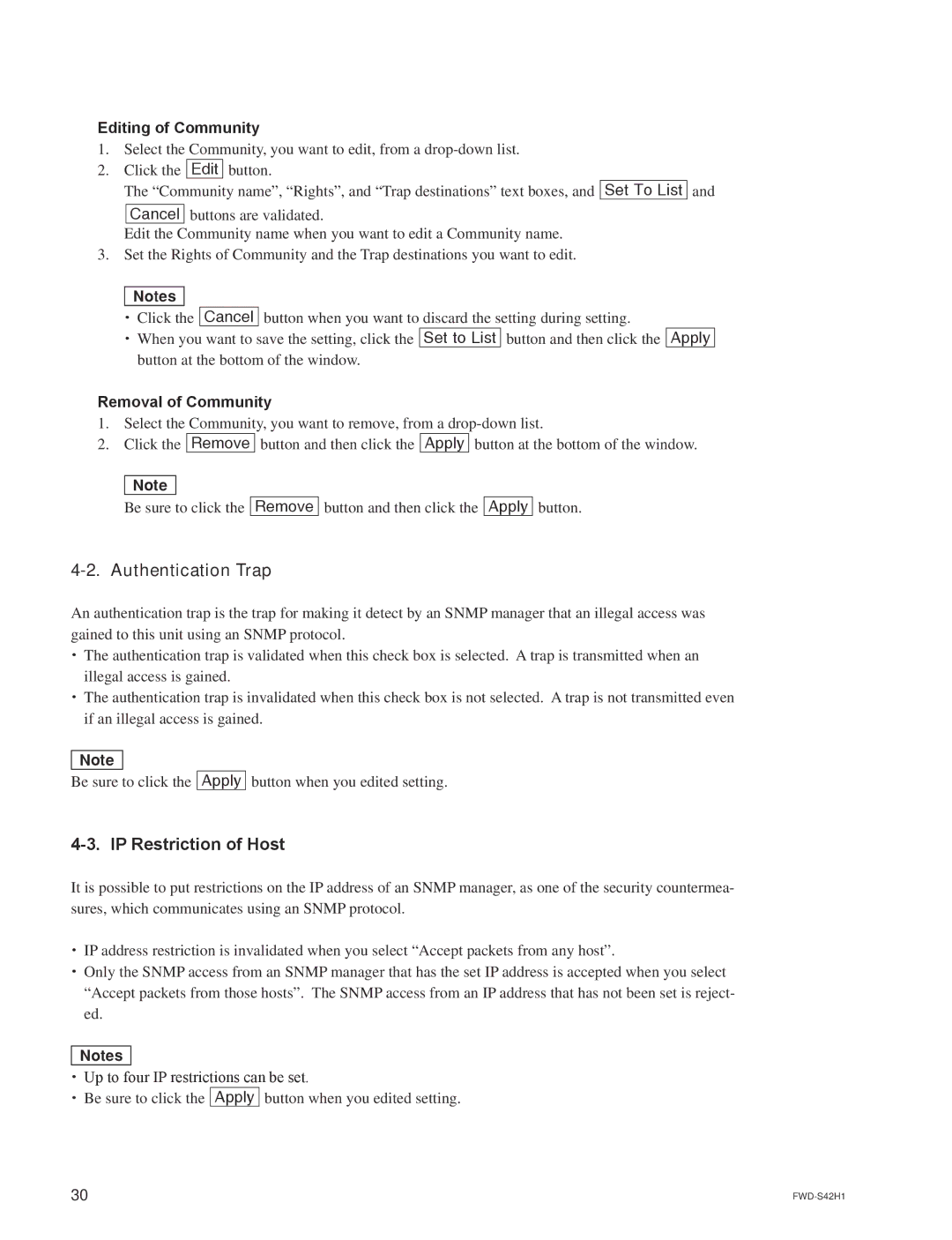 Sony FWD-S47H1 manual Authentication Trap, IP Restriction of Host, Editing of Community, Removal of Community 