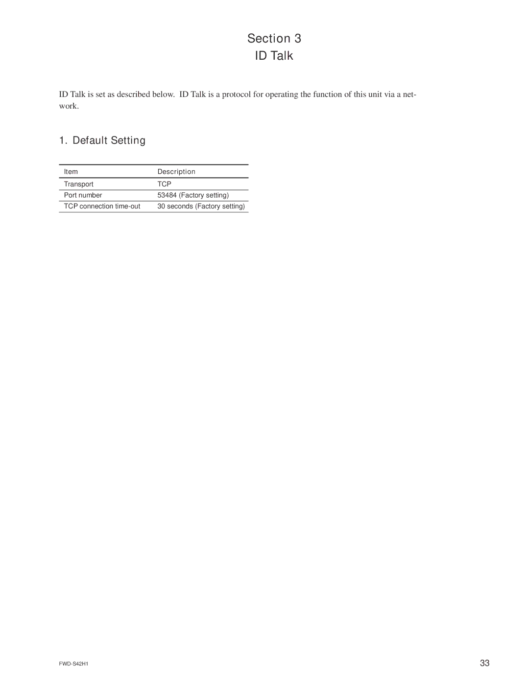 Sony FWD-S47H1 manual Default Setting, Description 