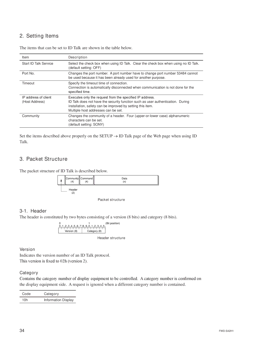 Sony FWD-S47H1 manual Setting Items, Packet Structure, Header, Version, Category 