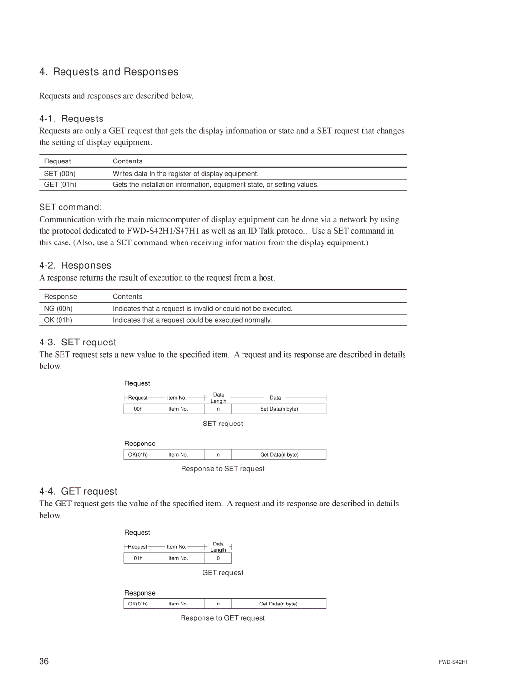 Sony FWD-S47H1 manual Requests and Responses, SET request, GET request 