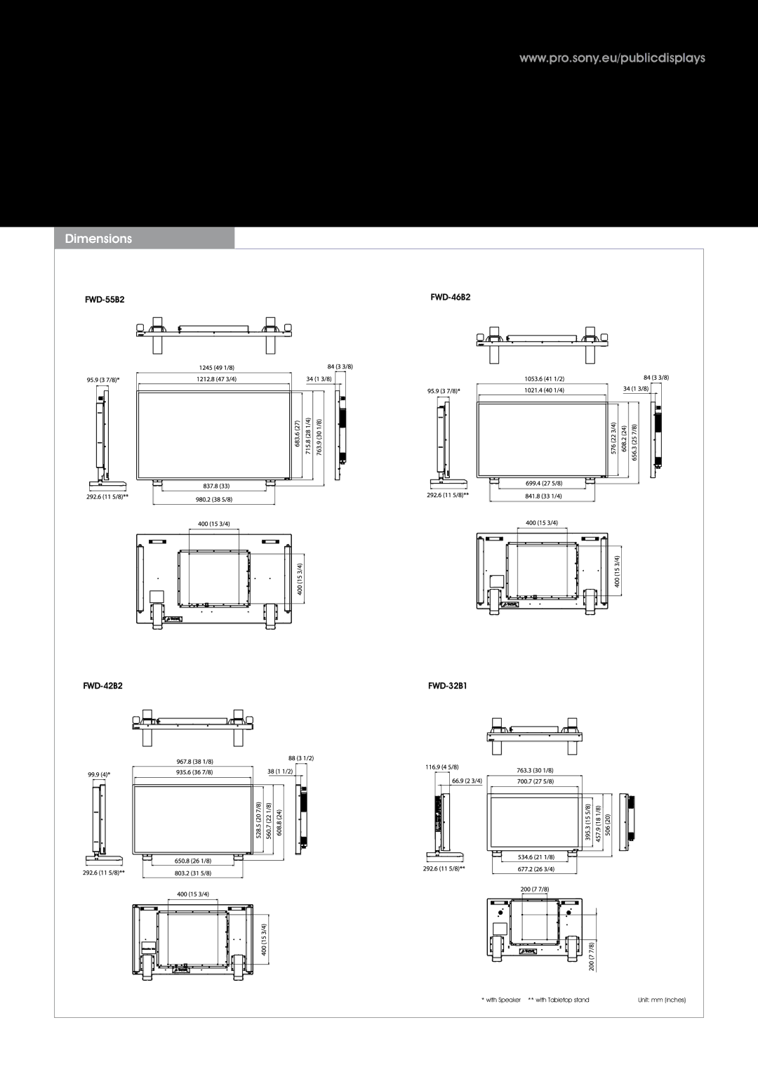 Sony FWD46B2TOUCH warranty Dimensions 