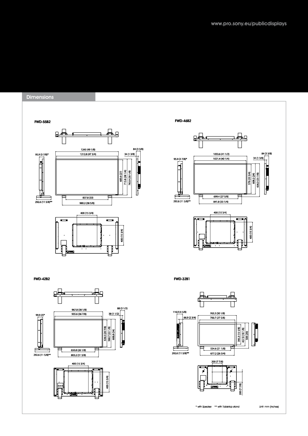 Sony FWD46B2TOUCH warranty Dimensions, FWD-55B2, FWD-46B2, FWD-42B2, FWD-32B1 