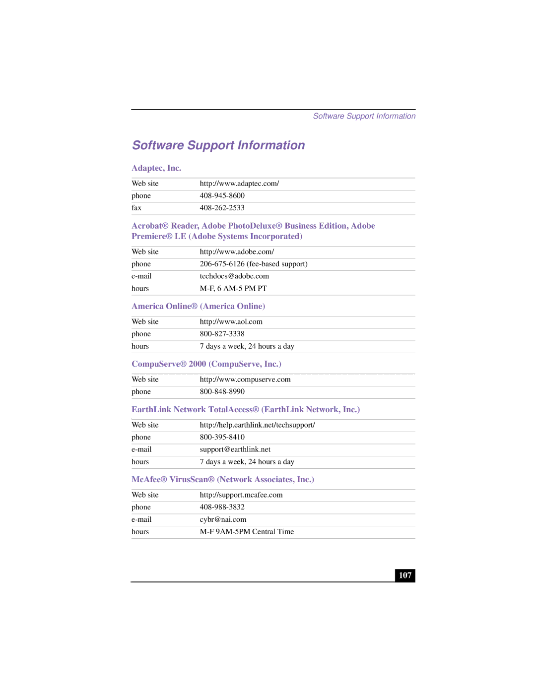 Sony FX120K, FX140K, FX190K, FX170K, FX150K manual Software Support Information, 107 