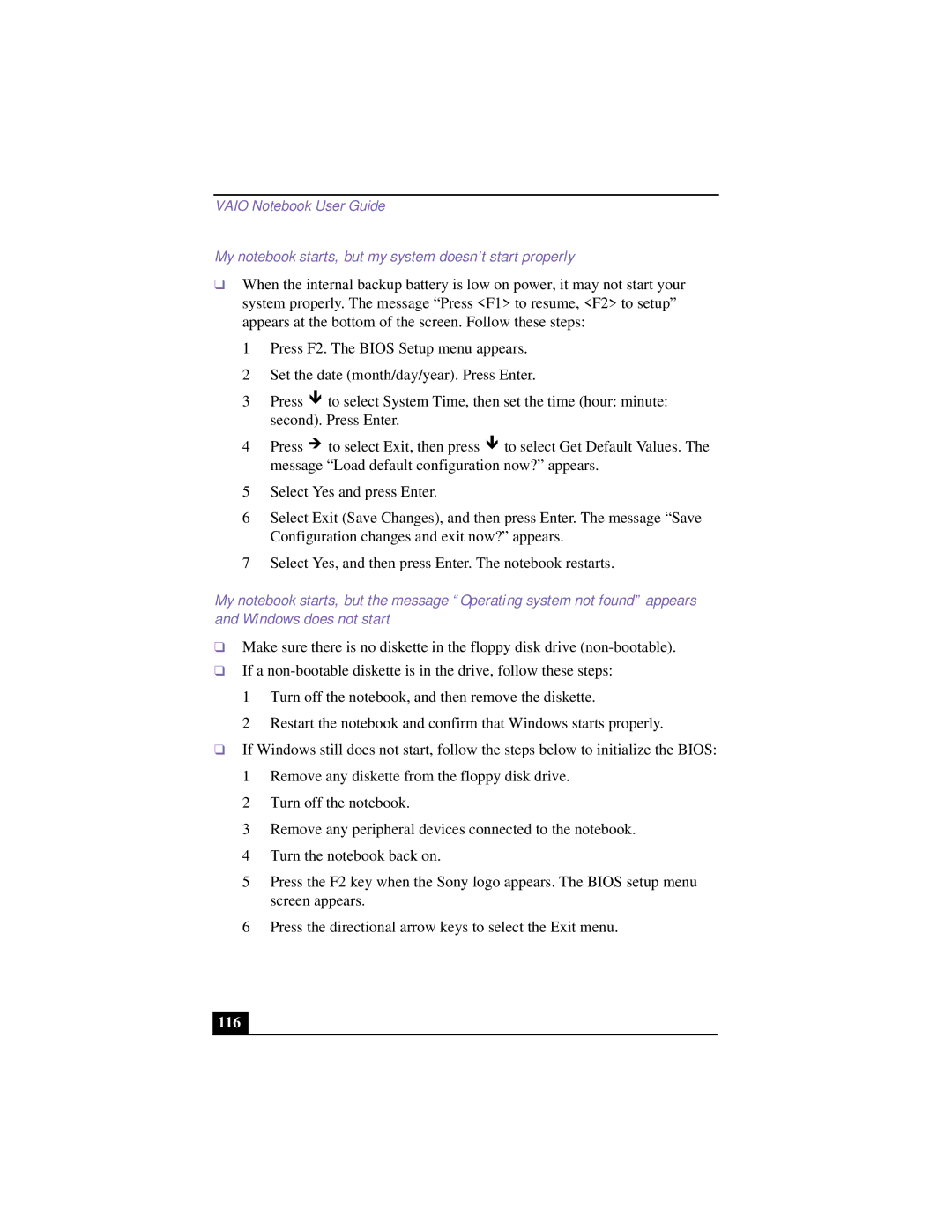 Sony FX190K, FX140K, FX120K, FX170K, FX150K manual My notebook starts, but my system doesn’t start properly, 116 