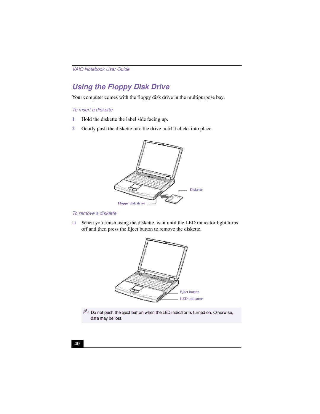 Sony FX140K, FX190K, FX120K, FX170K, FX150K manual Using the Floppy Disk Drive, To insert a diskette, To remove a diskette 