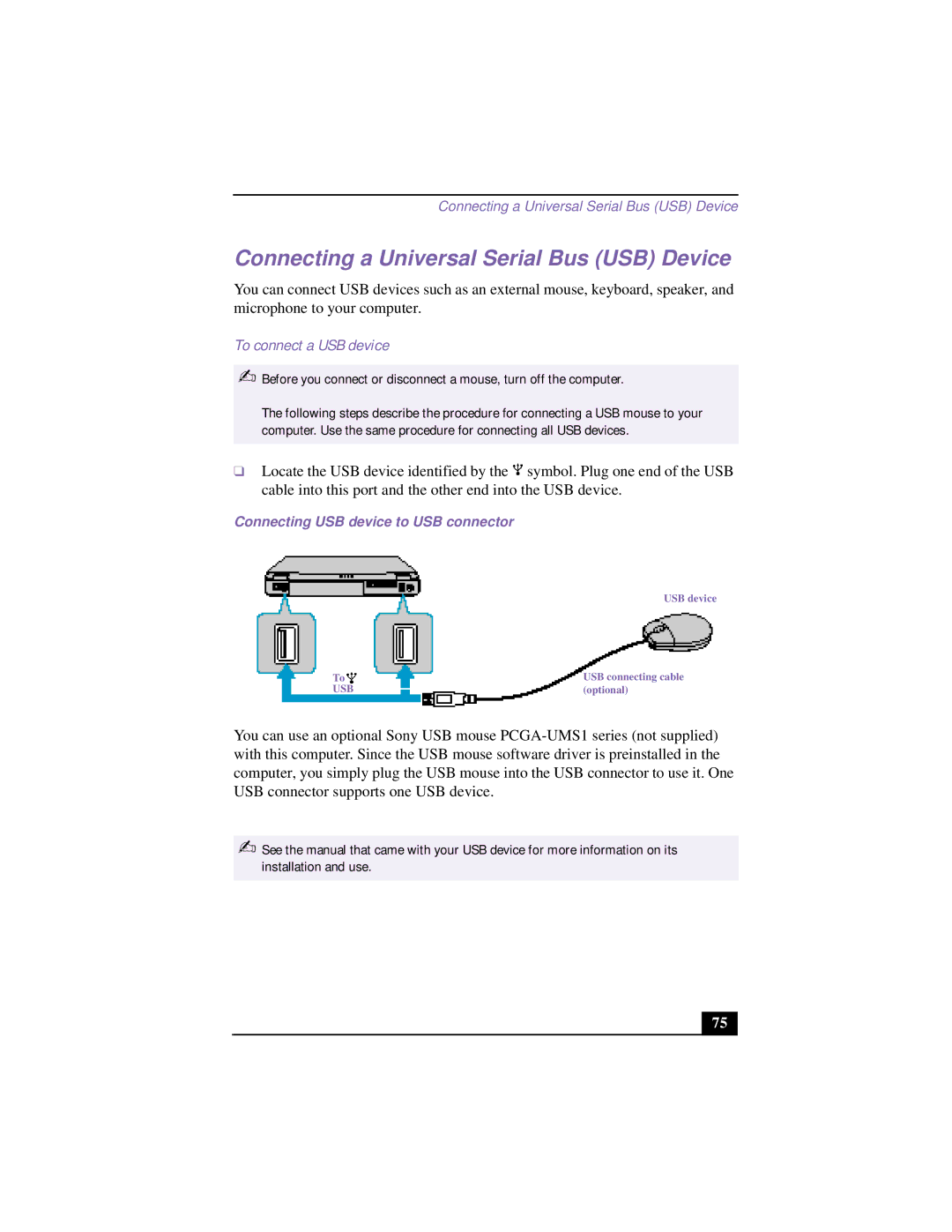 Sony FX140K Connecting a Universal Serial Bus USB Device, To connect a USB device, Connecting USB device to USB connector 