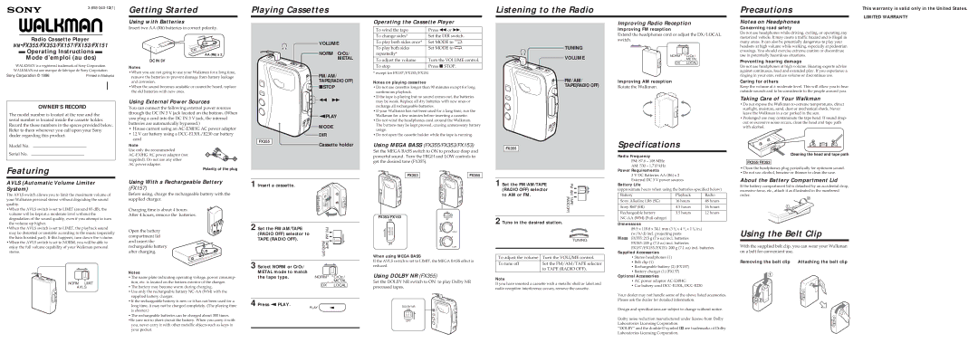 Sony FX353, FX355, FX157 specifications Getting Started, Playing Cassettes, Listening to the Radio, Precautions, Featuring 