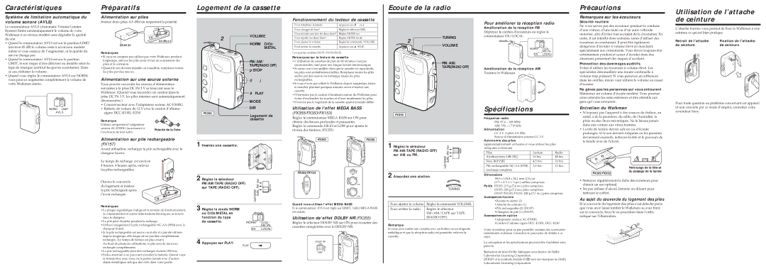 Sony FX157, FX355 Caractéristiques, Préparatifs, Logement de la cassette, Ecoute de la radio, Précautions, Spécifications 