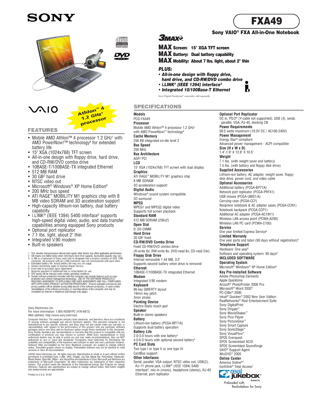 Sony FXA49 specifications Lcd, Mpeg 