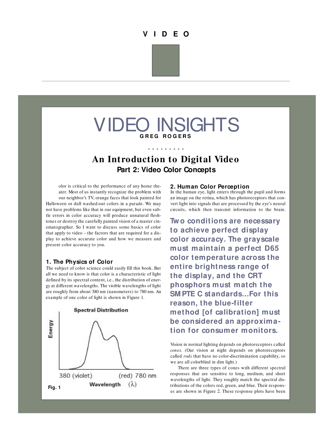 Sony G90 manual An Introduction to Digital Video, Part 2 Video Color Concepts, Physics of Color, Human Color Perception 