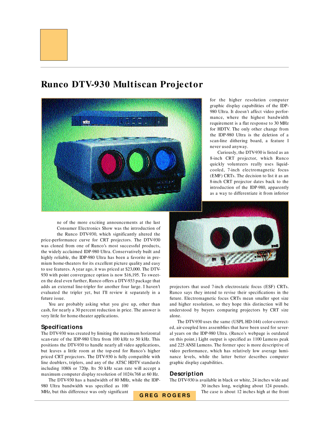 Sony G90 manual Runco DTV-930 Multiscan Projector, Specifications, Description 