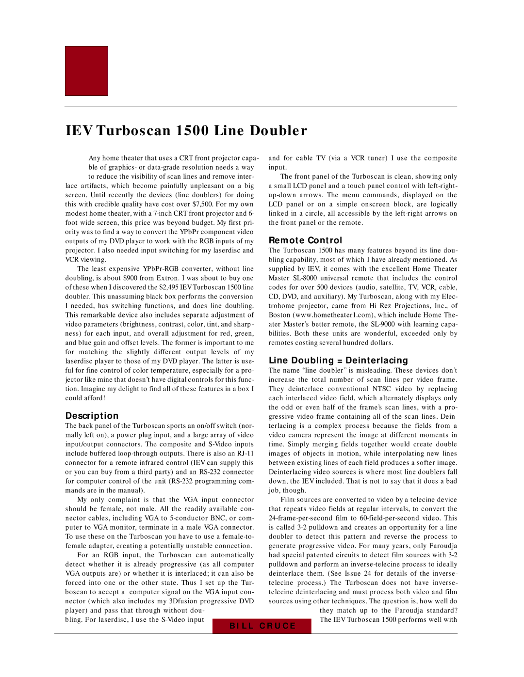 Sony G90 manual IEV Turboscan 1500 Line Doubler, Remote Control, Line Doubling = Deinterlacing 