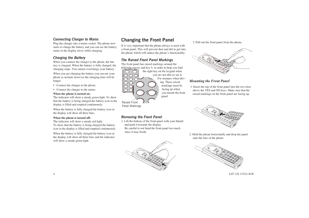 Sony GA628 Changing the Front Panel, Connecting Charger to Mains, Charging the Battery, Raised Front Panel Markings 