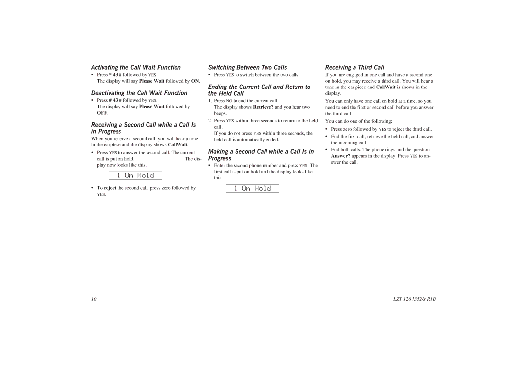 Sony GA628 user manual Activating the Call Wait Function, Deactivating the Call Wait Function, Switching Between Two Calls 