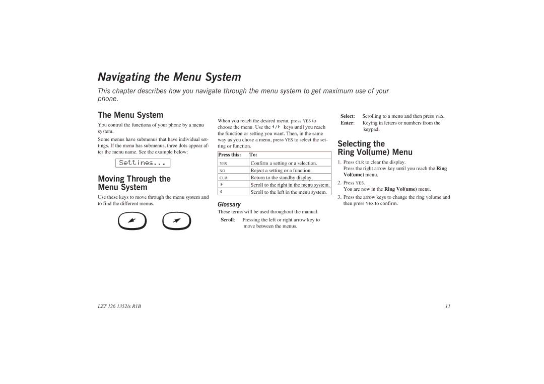 Sony GA628 user manual Navigating the Menu System, Moving Through Menu System, Selecting Ring Volume Menu, Glossary 