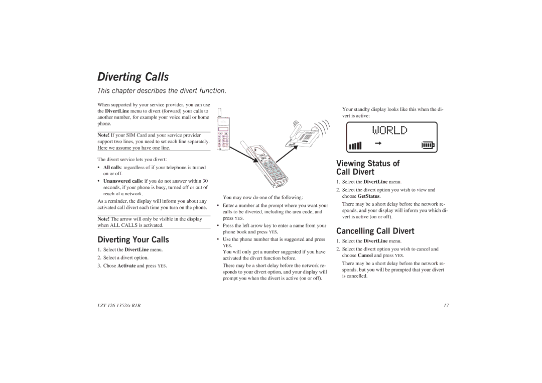 Sony GA628 user manual Diverting Calls, Diverting Your Calls, Viewing Status Call Divert, Cancelling Call Divert 