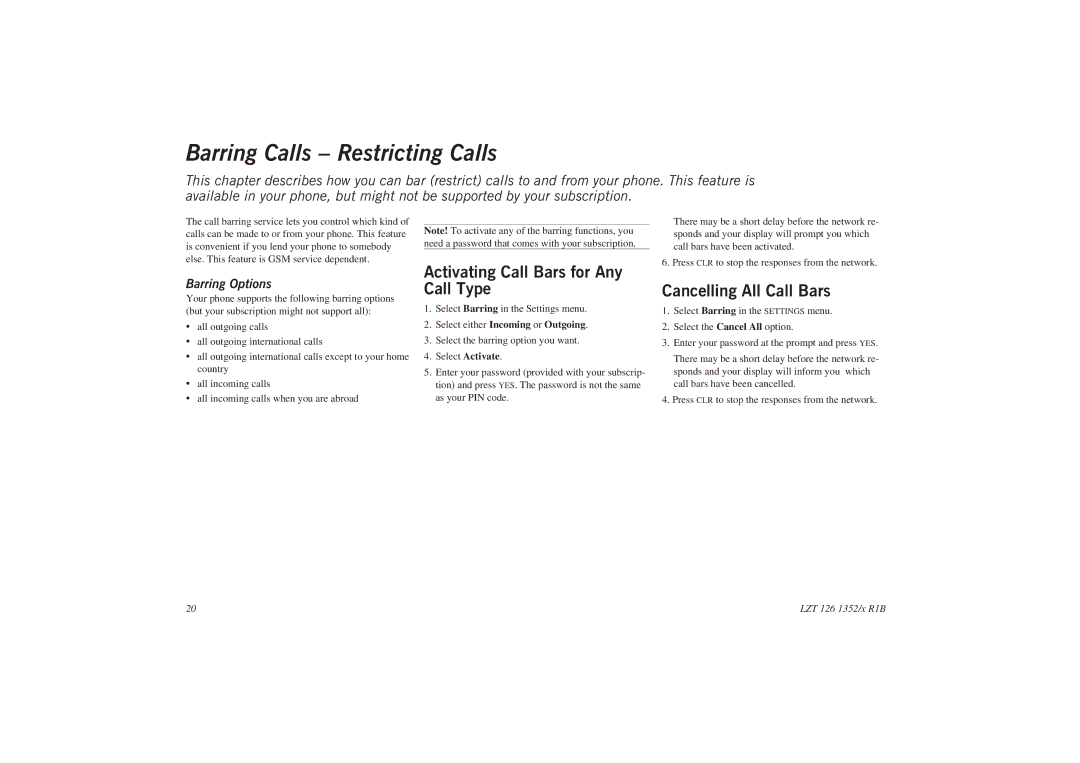 Sony GA628 user manual Barring Calls Restricting Calls, Activating Call Bars for Any Call Type, Cancelling All Call Bars 