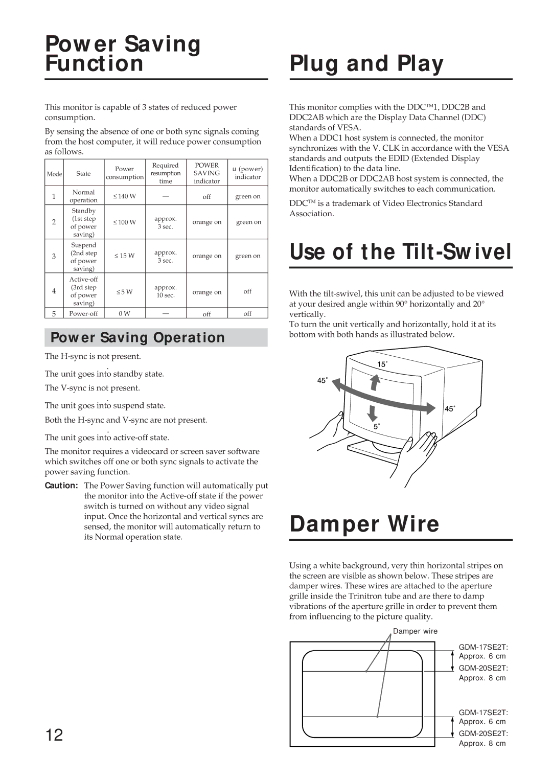 Sony GDM-17SE2T manual Power Saving Function, Plug and Play, Use of the Tilt-Swivel, Damper Wire, Power Saving Operation 