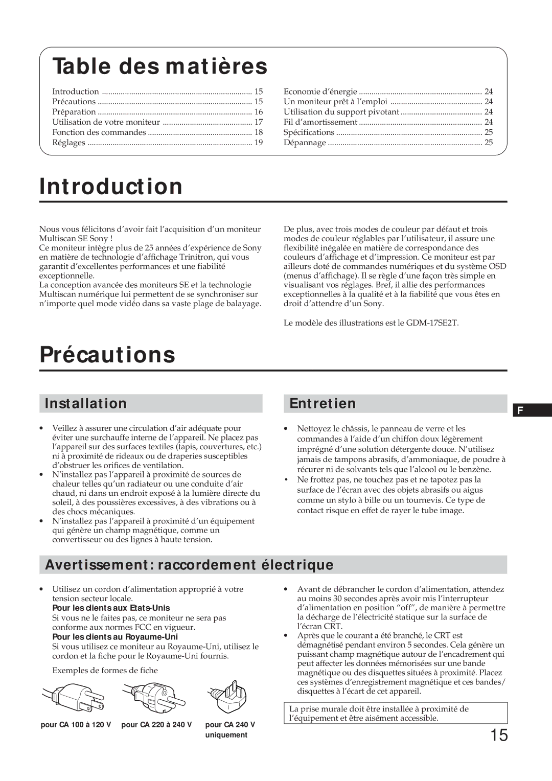 Sony GDM-17SE2T manual Table des matières, Précautions, Entretien, Avertissement raccordement électrique 