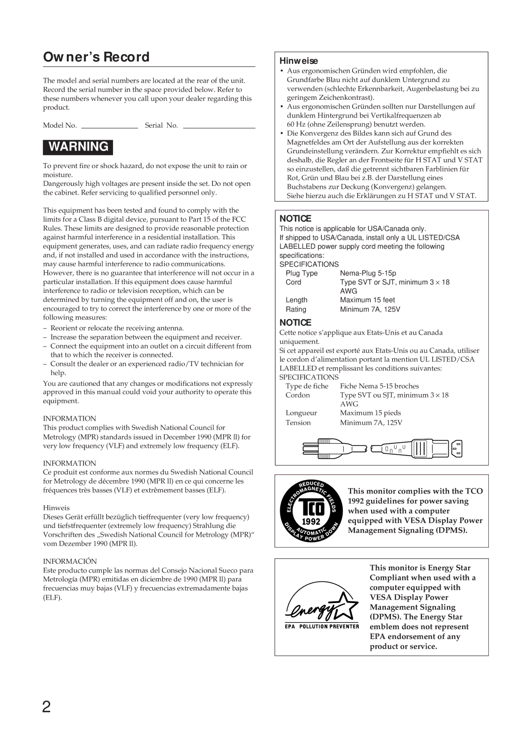 Sony GDM-17SE2T manual Owner’s Record, Information 