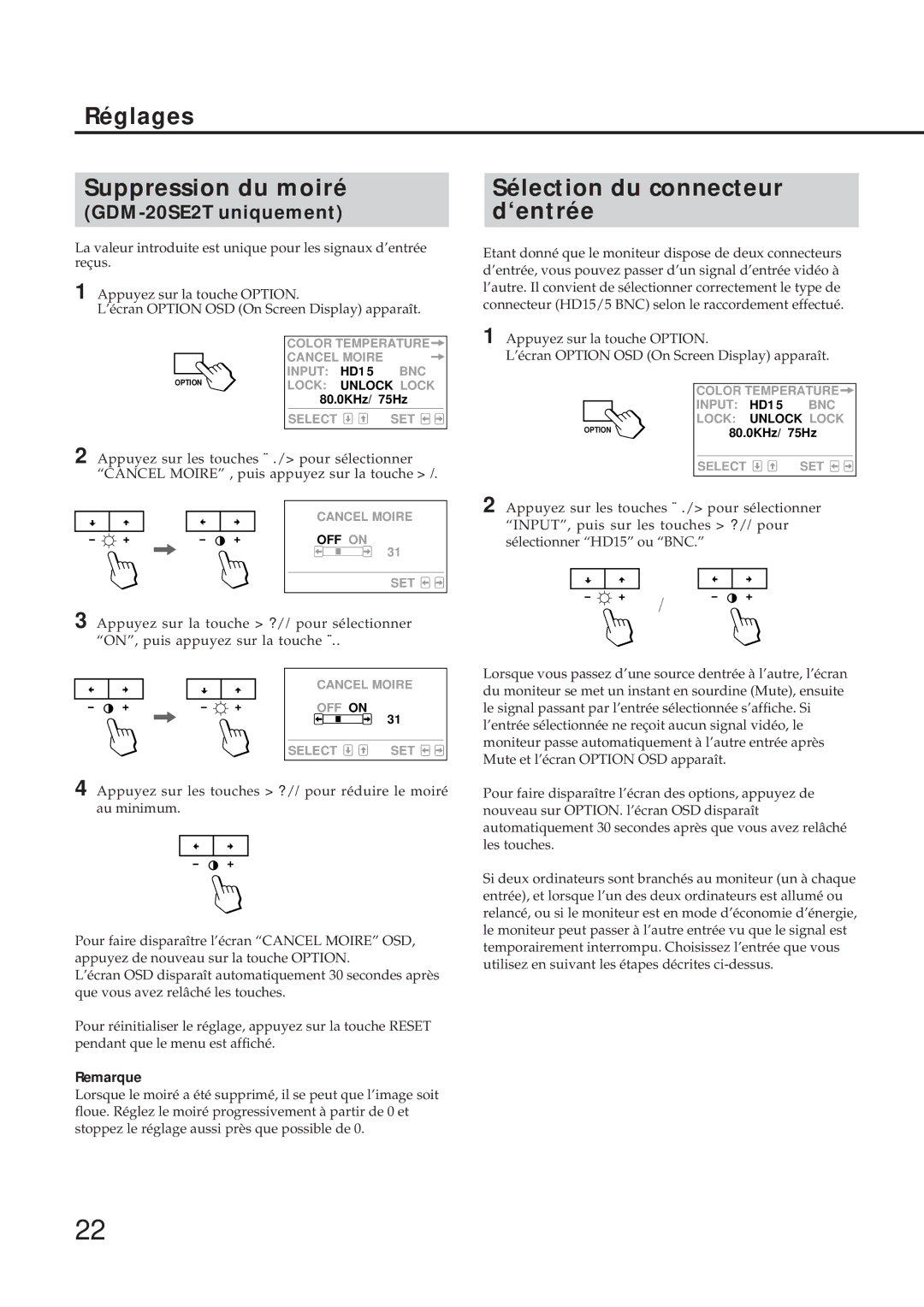 Sony GDM-17SE2T manual Réglages Suppression du moiré, Sélection du connecteur d‘entrée 