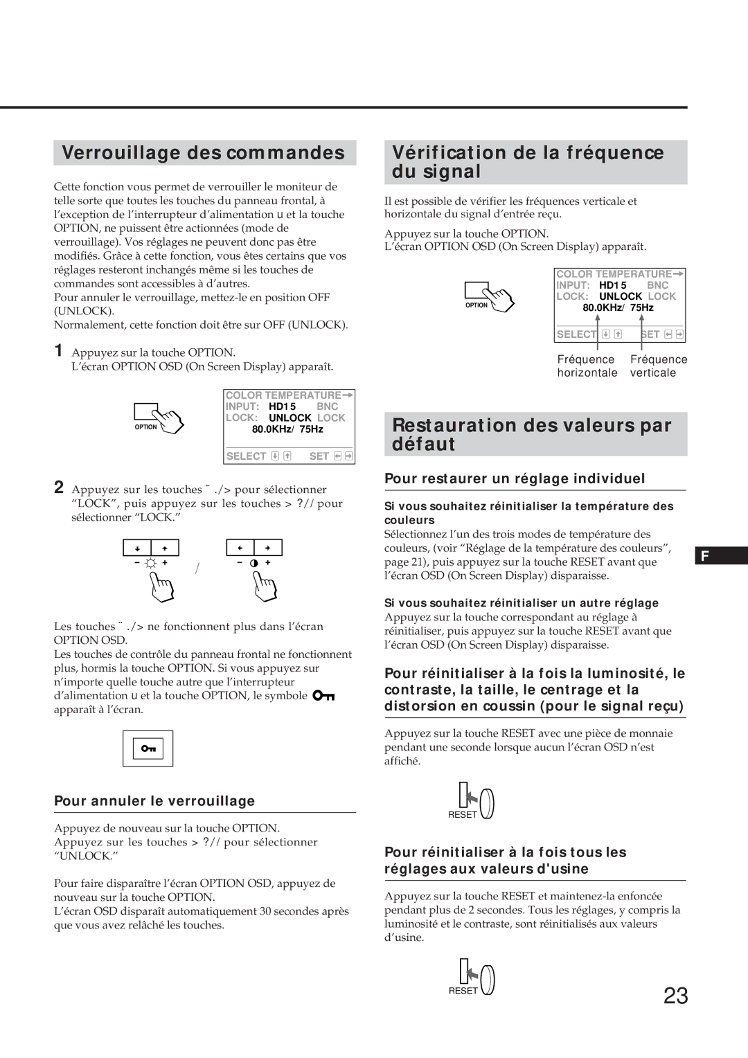 Sony GDM-17SE2T Verrouillage des commandes, Vérification de la fréquence du signal, Restauration des valeurs par défaut 