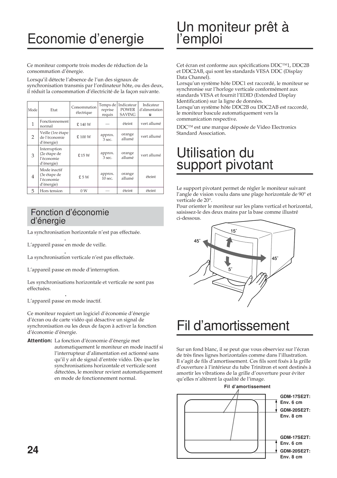 Sony GDM-17SE2T manual Un moniteur prêt à Economie d’energie l’emploi, Utilisation du support pivotant, Fil d’amortissement 