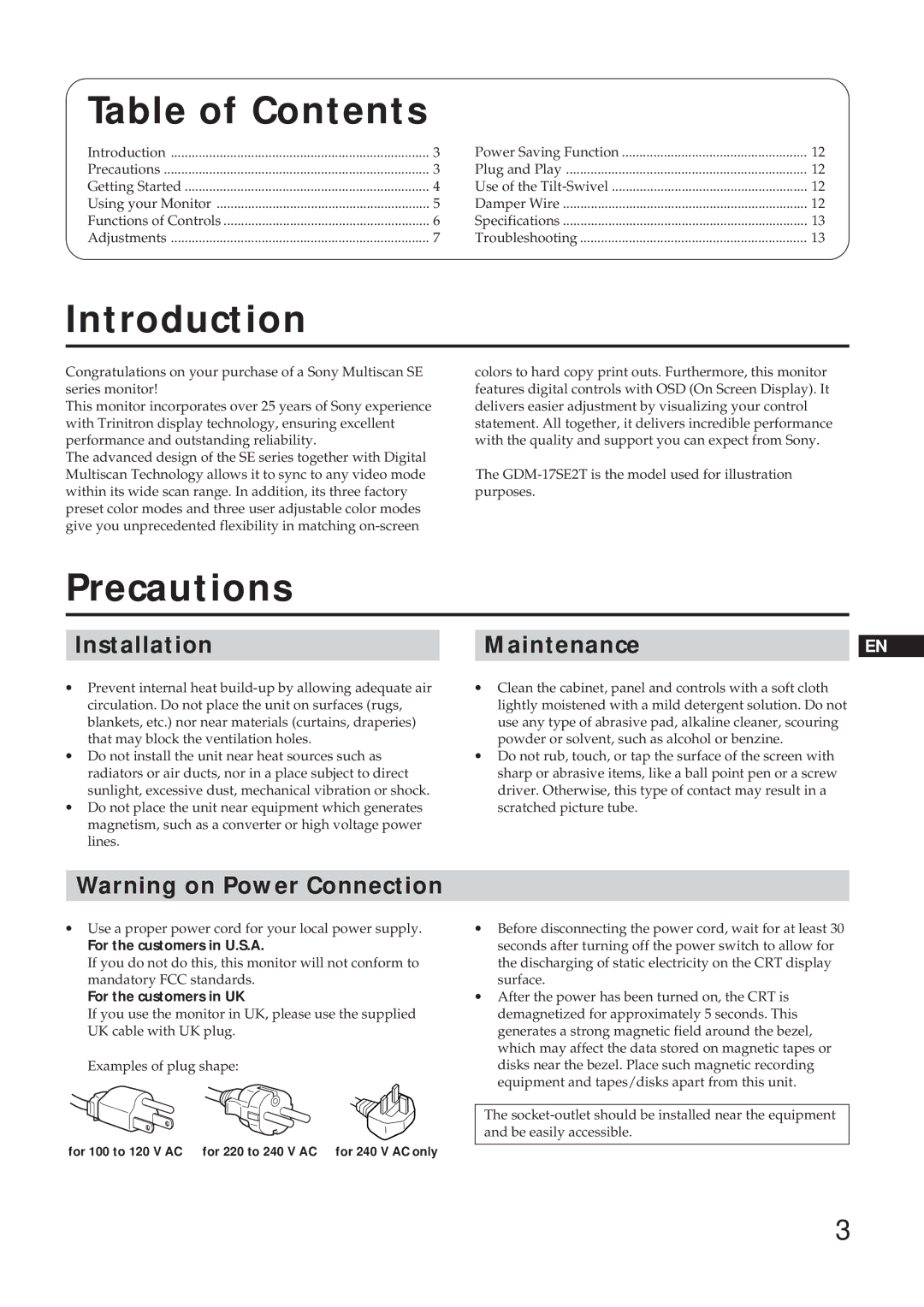 Sony GDM-17SE2T manual Table of Contents, Introduction, Precautions 