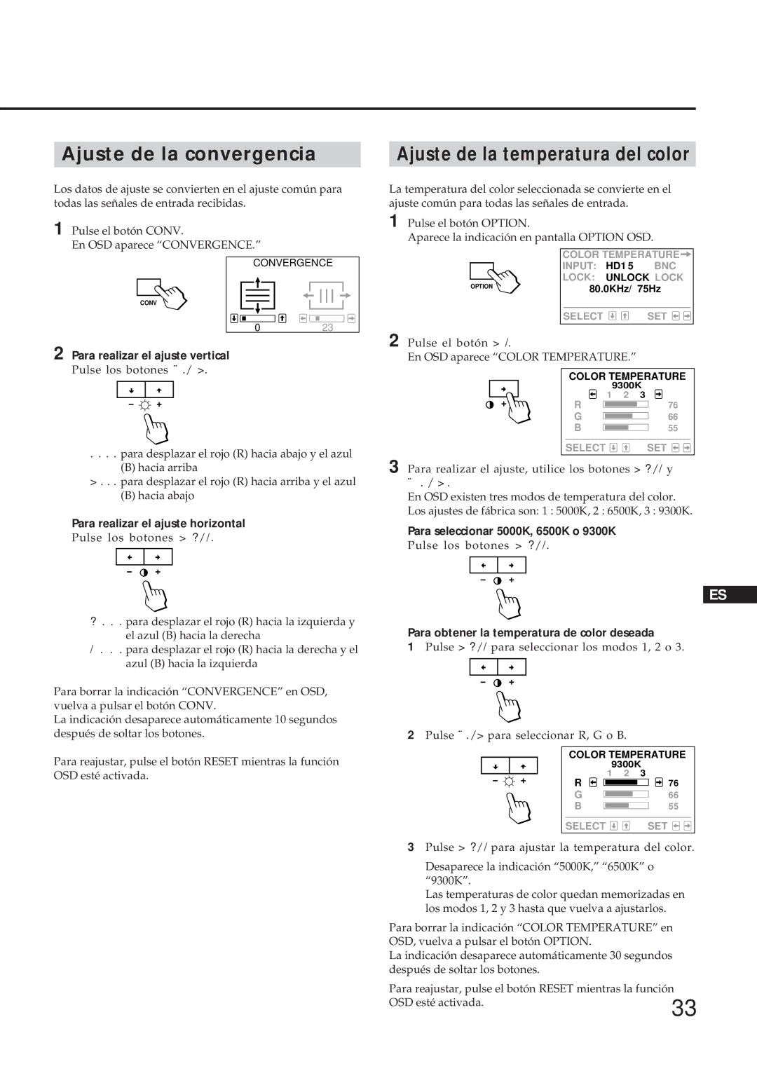 Sony GDM-17SE2T manual Para seleccionar 5000K, 6500K o 9300K, Para obtener la temperatura de color deseada 